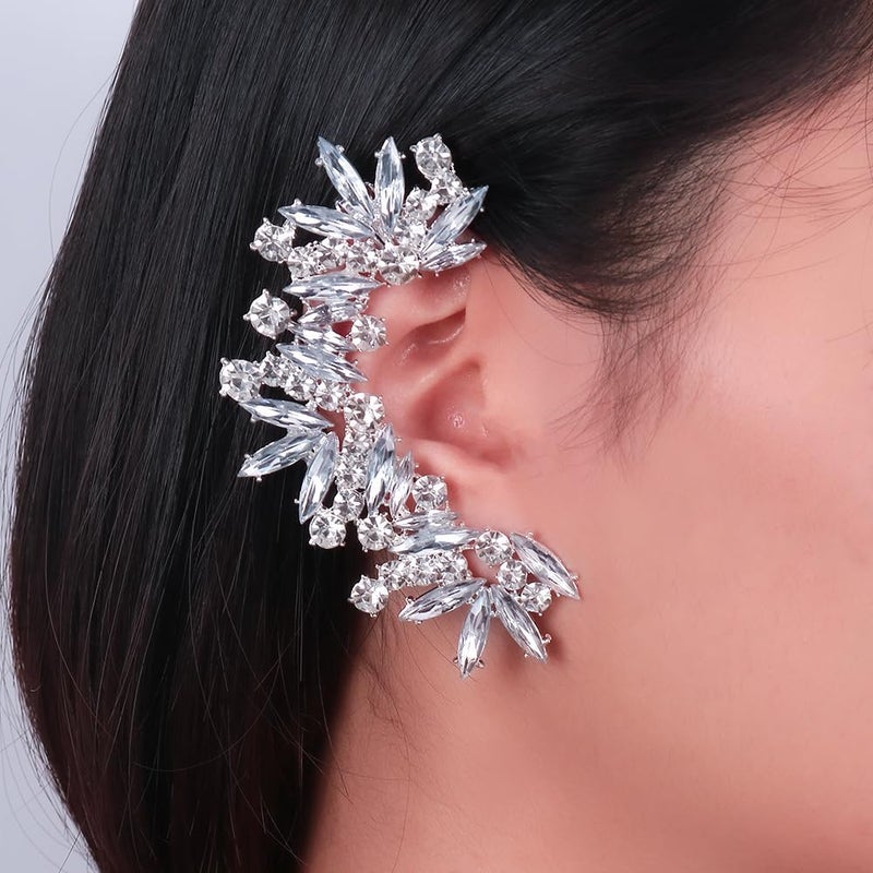 STONEFANS Rhinestone Silver Full Ear Cuff Earrings for Women Ear Clip Wrap Statement Climber Crawler Earrings for Women Hypoallergenic Silver Wedding Jewelry Gifts - Image 3
